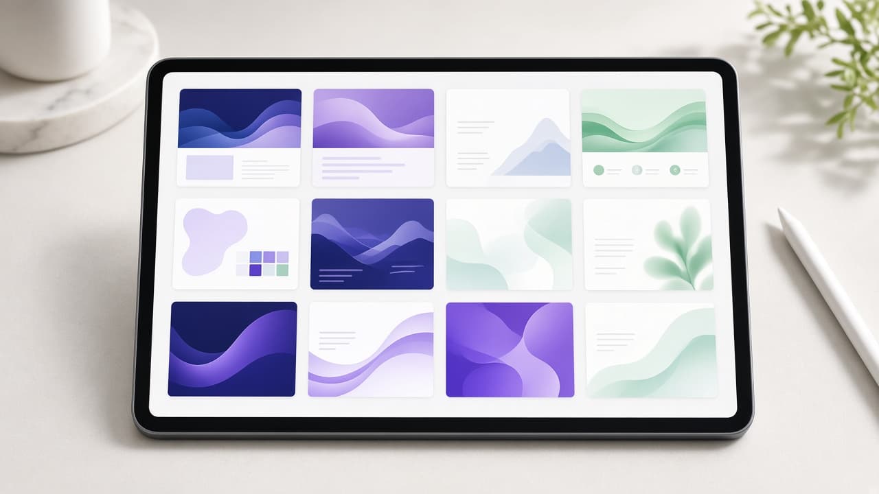 A tablet showing a grid of website template thumbnails