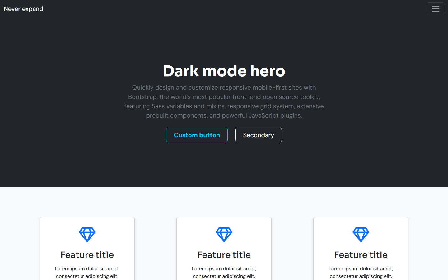 Screenshot of the top of BS500DEAL/index1.html, a dark Bootstrap hero with feature cards